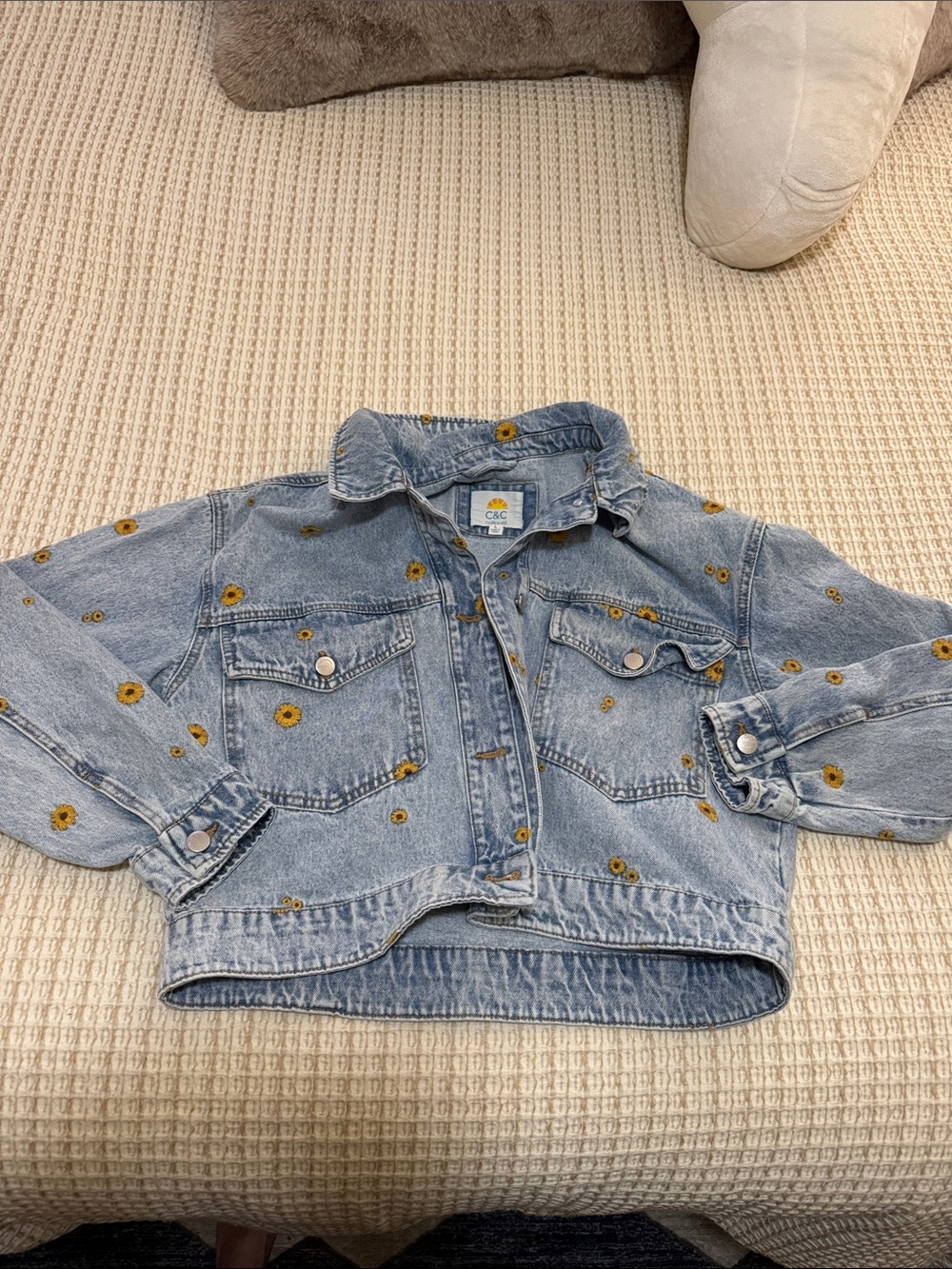 C&C California Light Blue Denim Jacket with Yellow Sunflower Prints